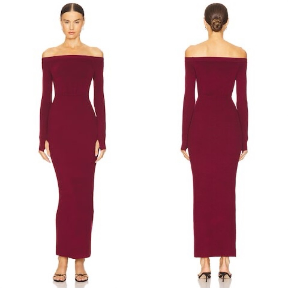Michael Costello Burgundy Off-Shoulder Maxi Dress